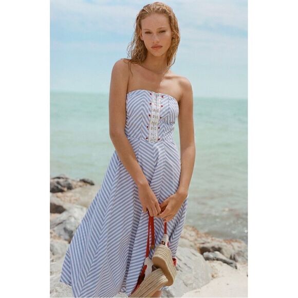 NEW Anthropologie Maeve Blue Chevron Striped Strapless A-Line Dress Medium - Picture 6 of 7
